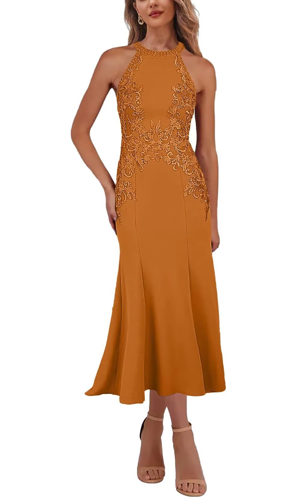 formal dresses_Tea Length Halter Mother of The Bride Dresses for Women Lace Mermaid Wedding Guest Dress Satin Appliques Formal Gown