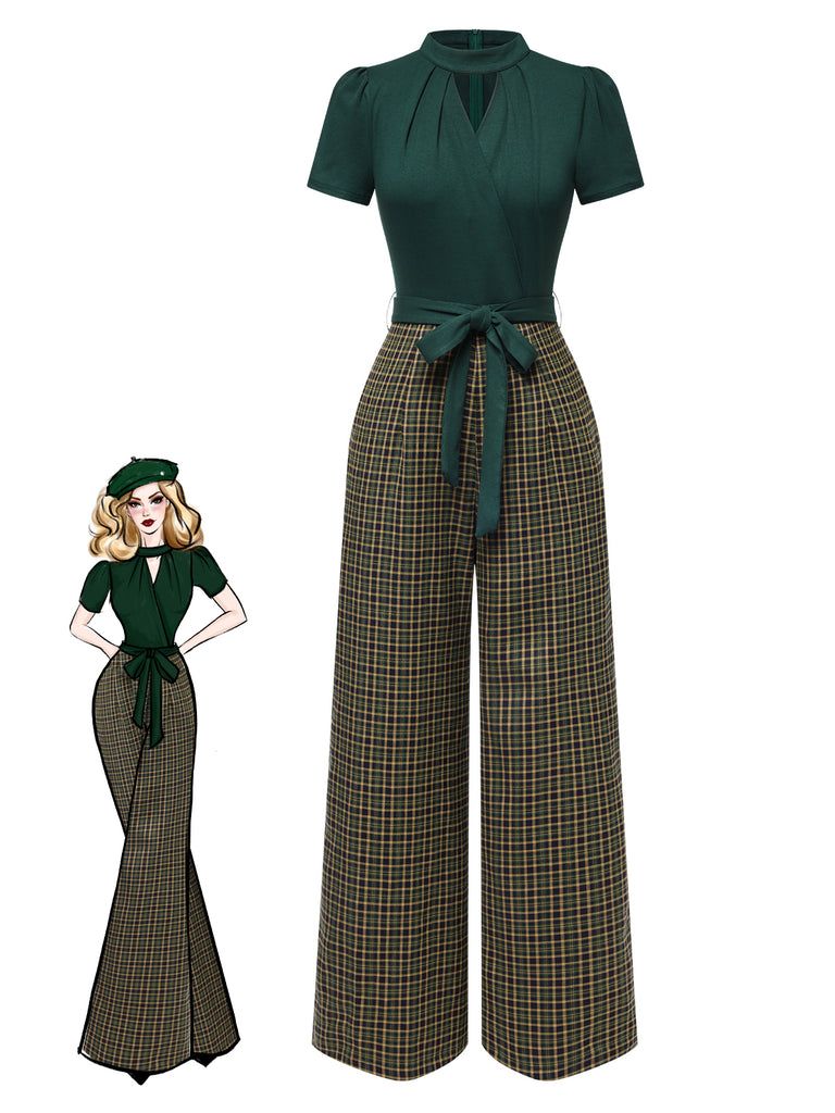 impress outfits_Green 1930s Plaid Keyhole Neck Belted Jumpsuit