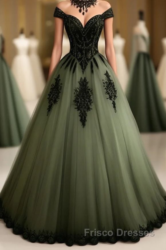 formal dresses_Green A-line Tulle Formal Prom Dresses Off The Shoulder Formal Evening Gown - Custom Color / US 14