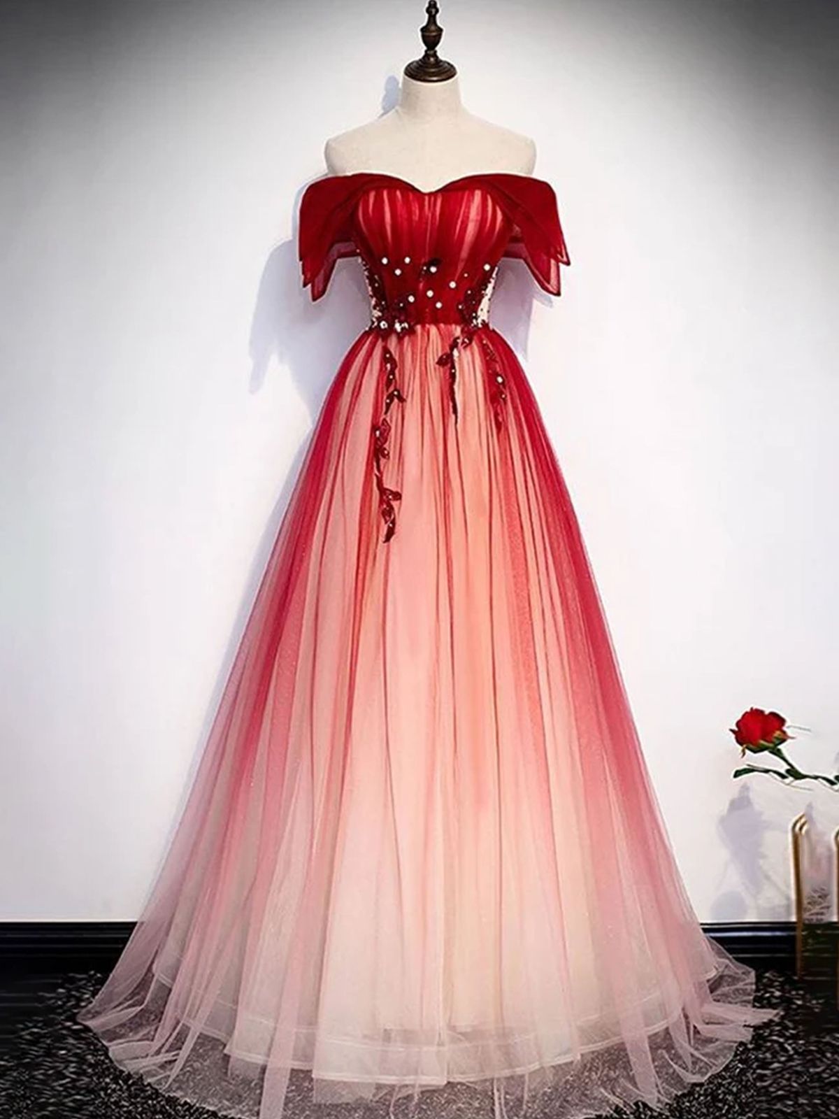 impress outfits_Burgundy Off the Shoulder Beaded Tulle Formal Long Prom Dress