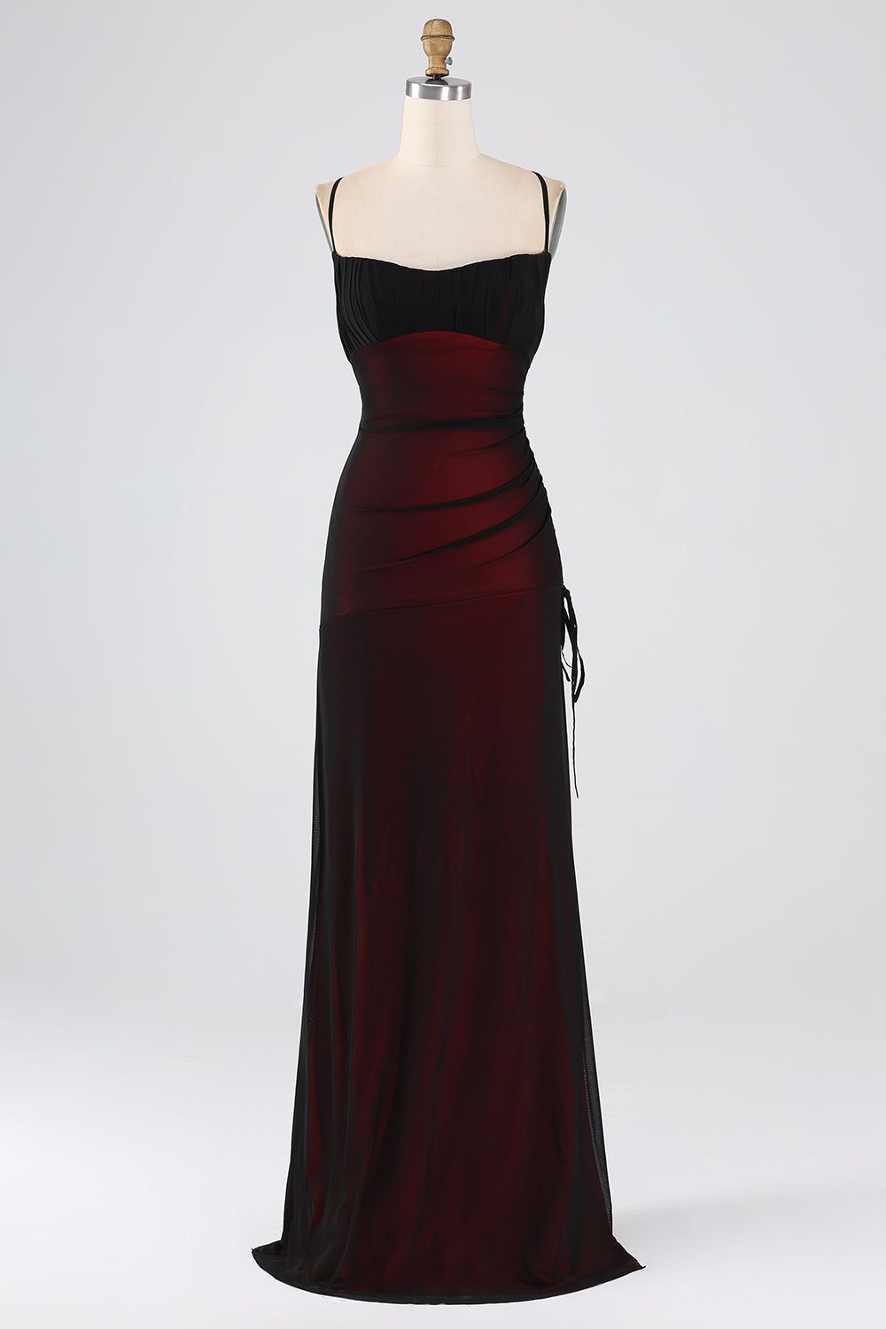 formal dresses_Sheath Spaghetti Straps Black Red Floor Length Bridesmaid Dress