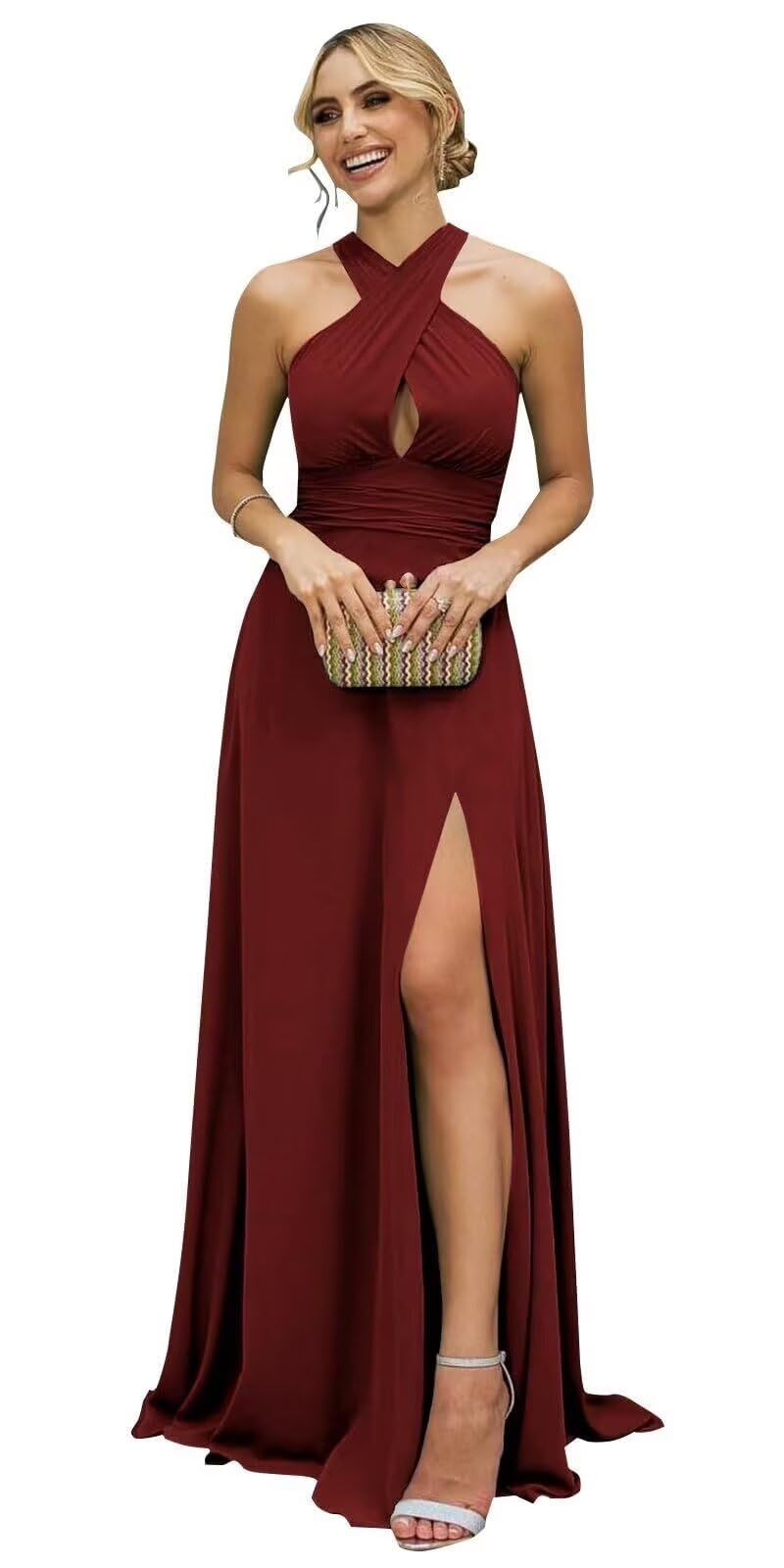formal dresses_GODCUN Long Chiffon Bridesmaid Dresses for Women Pleated A Line Formal Evening Party Gown with Slit