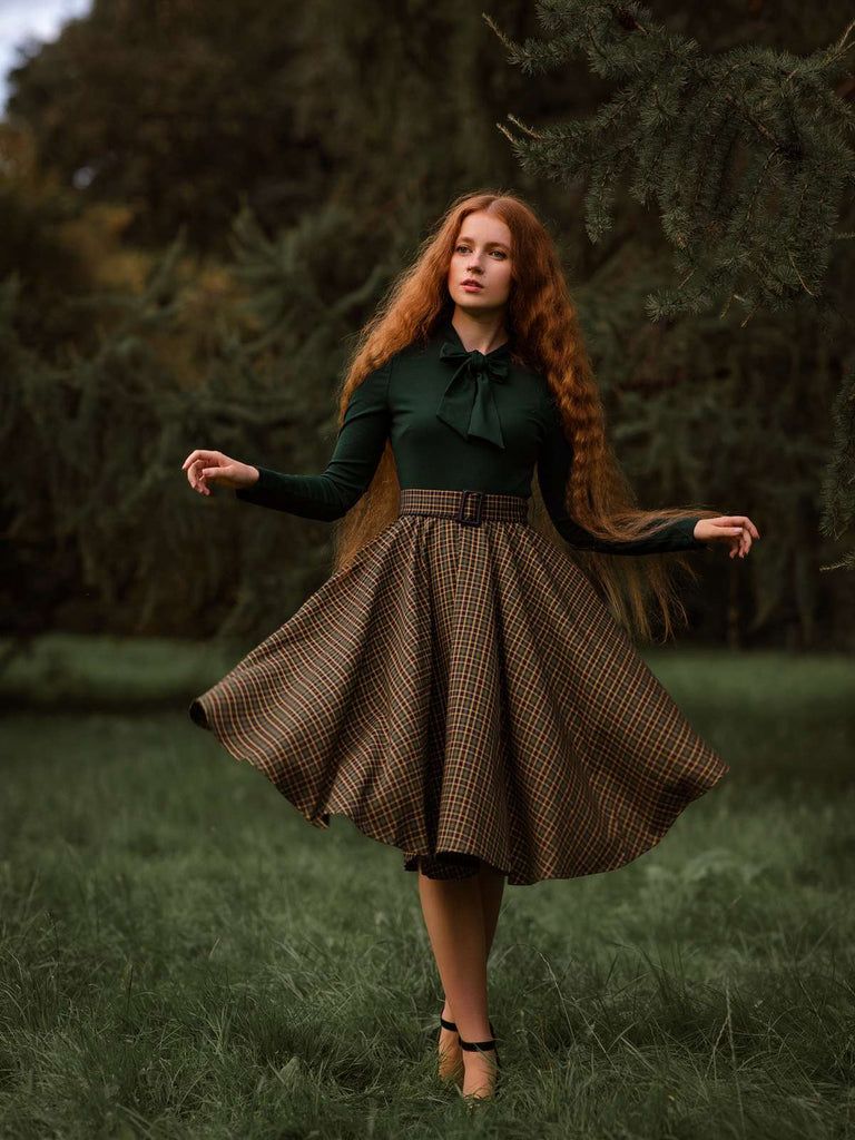 impress outfits_Dark Green 1950s Plaid Knitting Dress