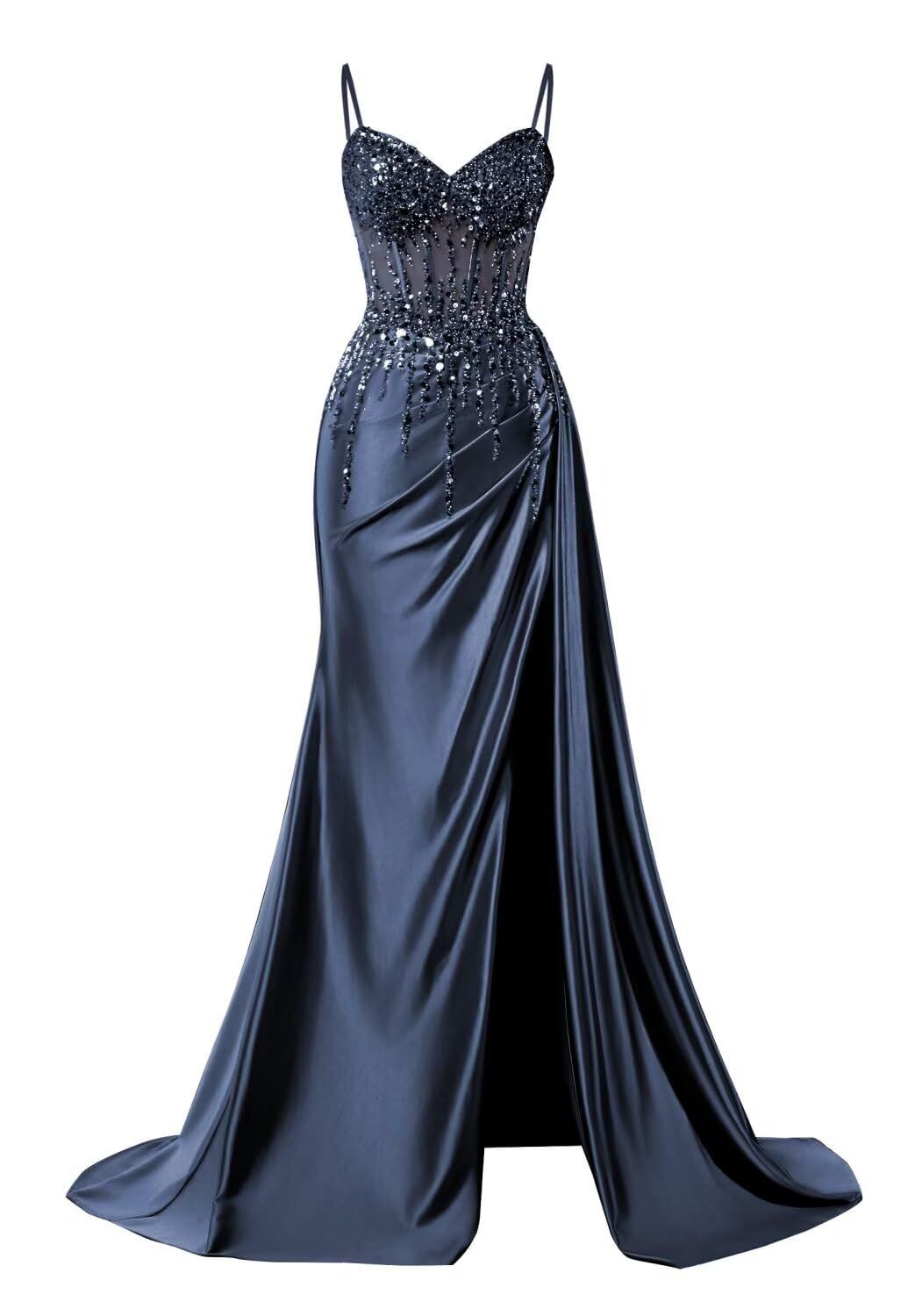 formal dresses_Sparkly Beaded Satin Prom Dresses with Slit Lace Appliques Spaghetti Strap Long Mermaid Evening Gown
