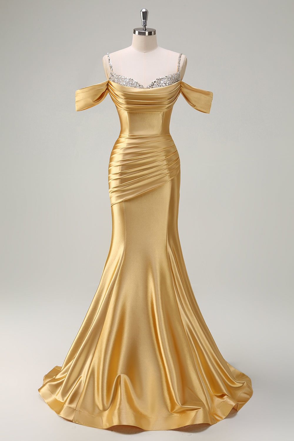 formal dresses_Sparkly Golden Mermaid Cold Shoulder Sequined Ruched Satin Long Prom Dress