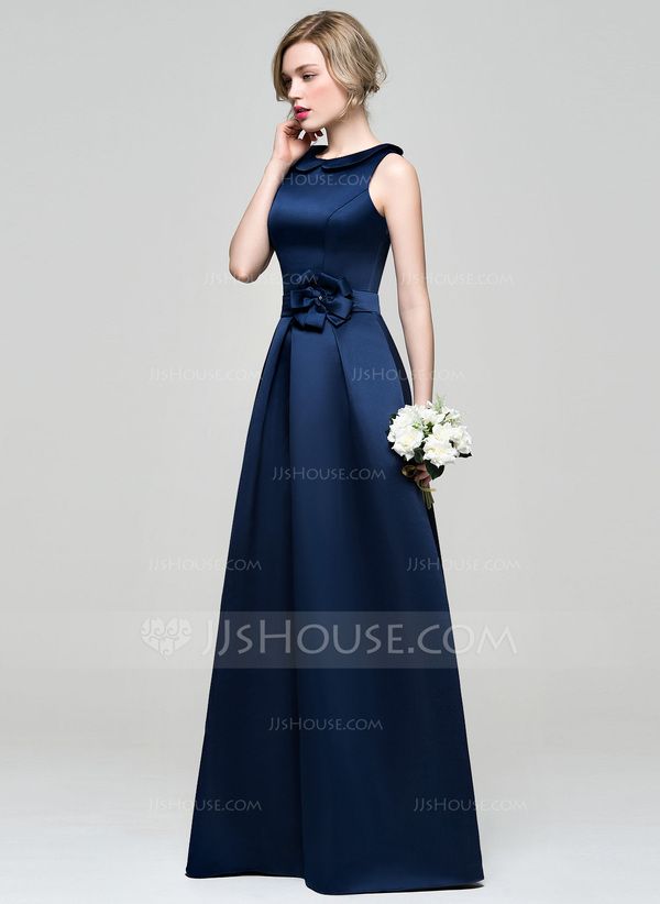 formal dresses_[US$ 123] A-Line/Princess Scoop Neck Floor-Length Satin Bridesmaid Dress With Flower(s)  - JJ's House