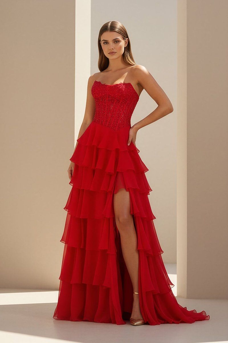 formal dresses_Luxie | Red - Strapless Chiffon Ruffled A Line Formal Prom Dresses With Lace Appliques - Red / 12