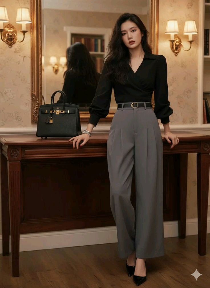 formal outfits_Power Dressing: The High-Waisted Grey Trousers & Black Top Business Look