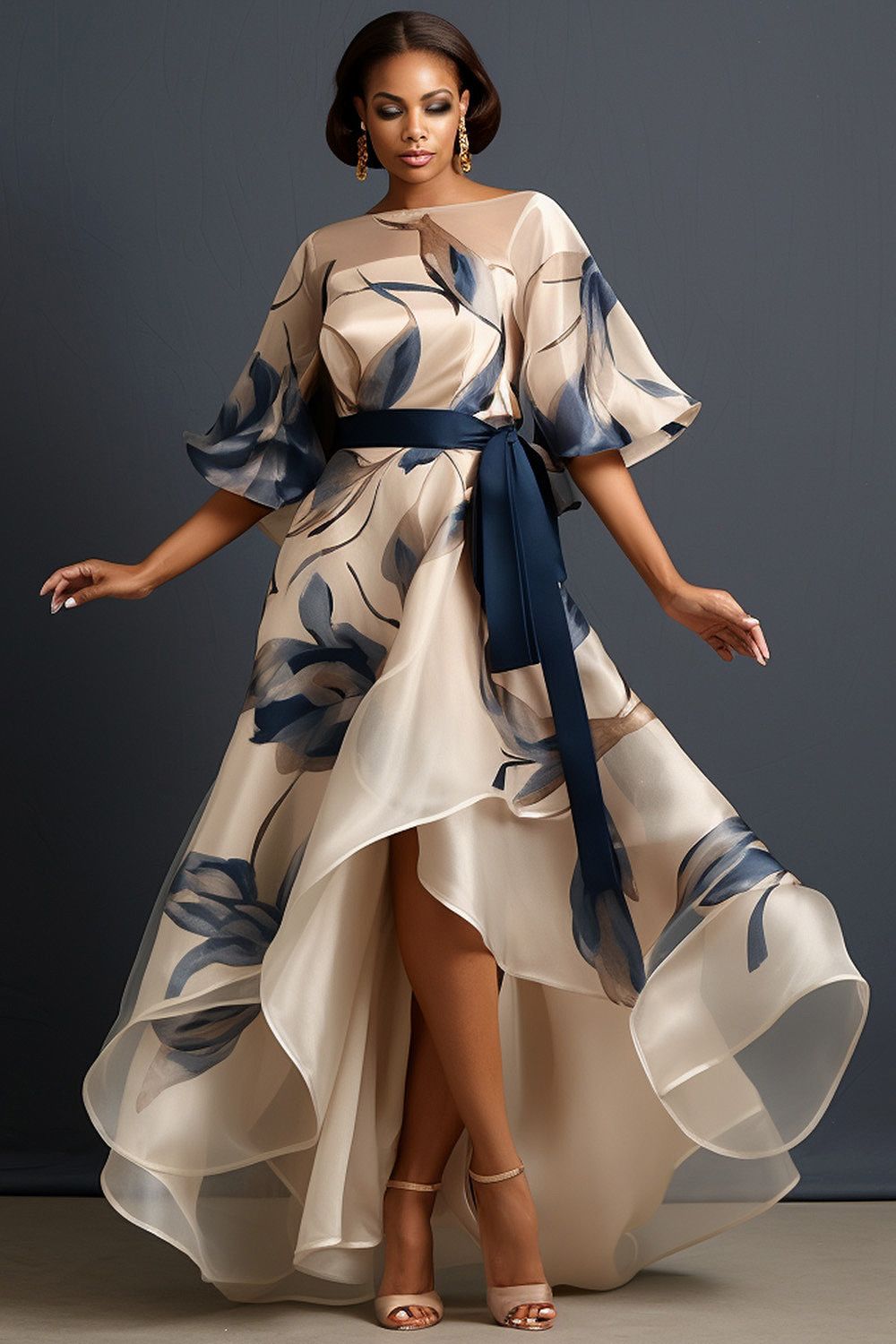 formal outfits_Xpluswear Design Plus Size Formal Red Floral Round Neck Half Sleeve See Through Organza Maxi Dresses [Pre-Order] Beige-XL/14-16