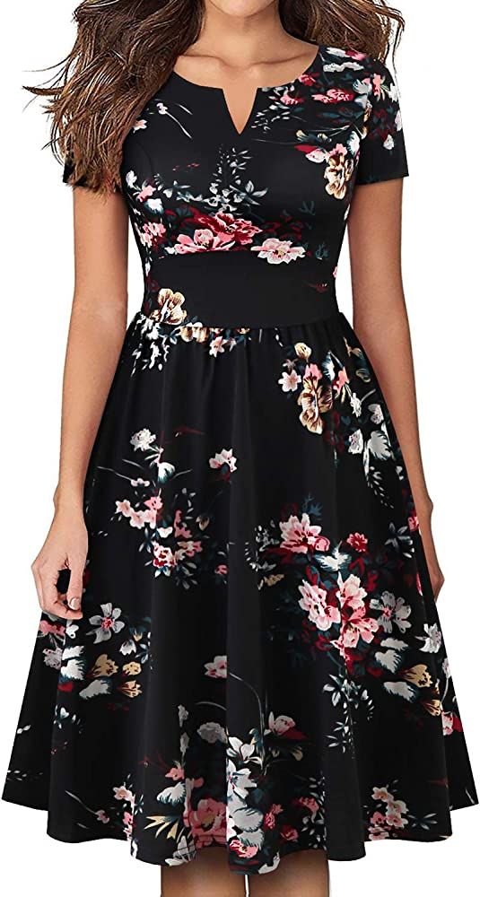 formal outfits_YATHON Women's Vintage Pleated Flared Swing A-Line Casual Party Work Dresses