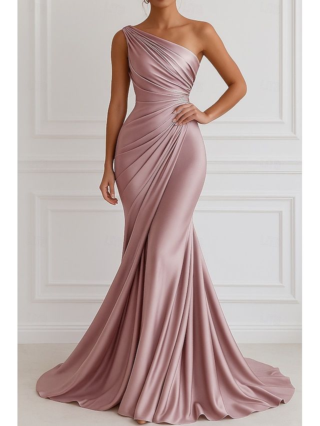 formal dresses_Mermaid Trumpet Floor Length Evening Gown Elegant Sleeveless One Shoulder Wedding Formal Pink Dress Stretch Satin with Pleats 2025 - $139.99