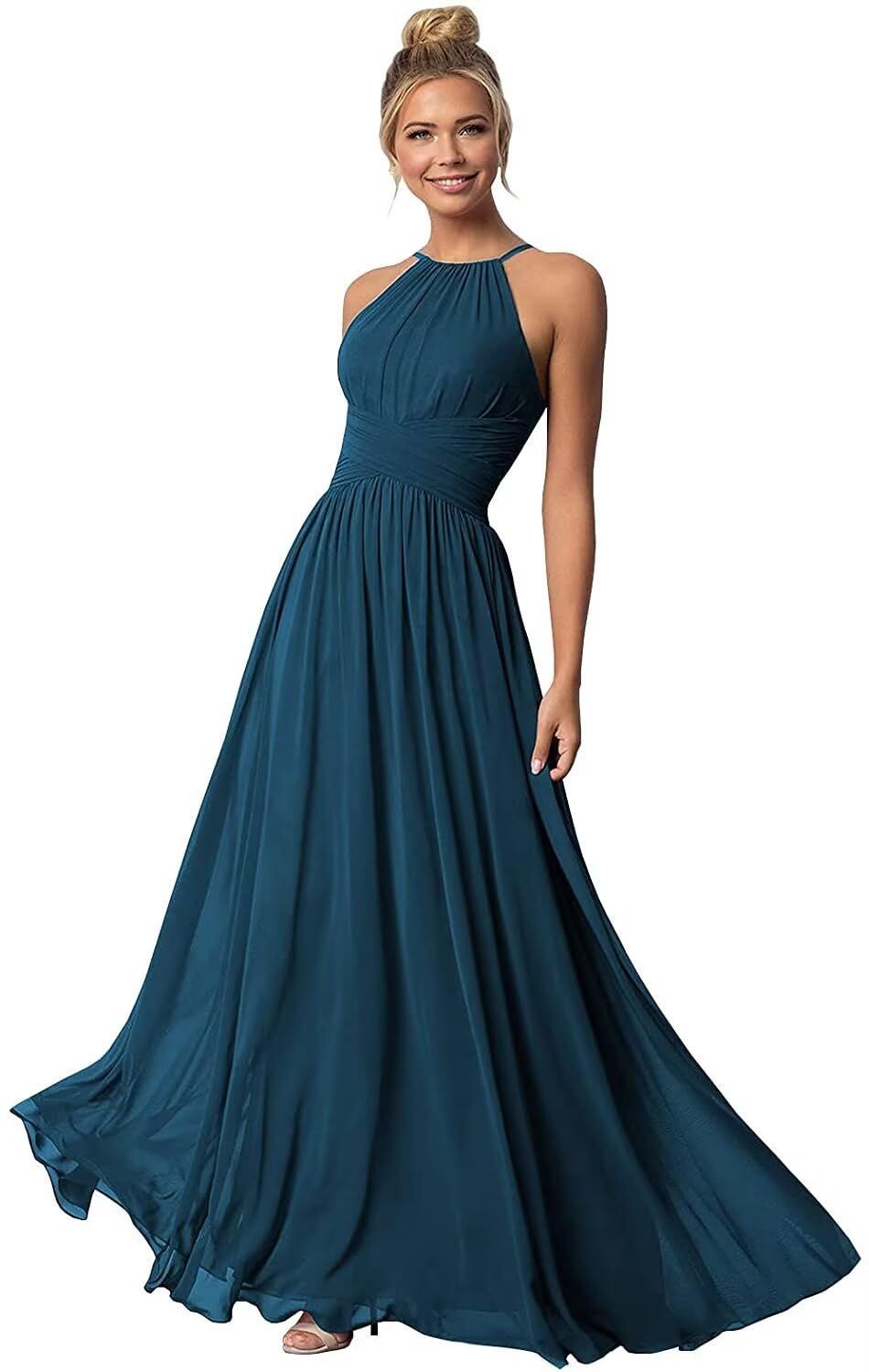 formal dresses_Clothfun Halter Corset Bridesmaid Dresses Long High Waist Pleated Formal Dress CYN012