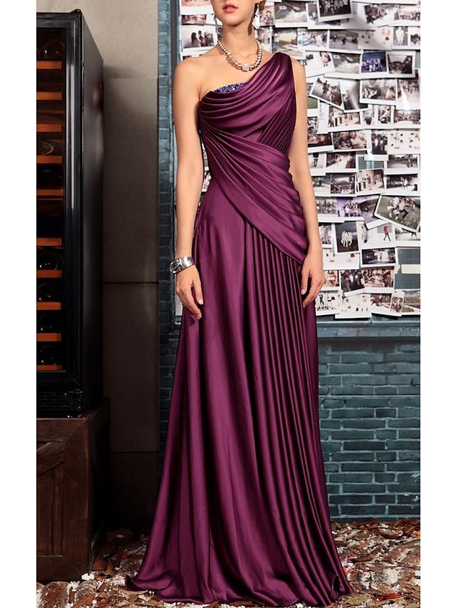 formal dresses_Sheath / Column Floor Length Prom Dresses Evening Gown Ball Gown Formal Dress Elegant Sleeveless One Shoulder Formal Evening Fall Wedding Guest Satin Backless with Pleats Crystals Draping 2025 - $149.99