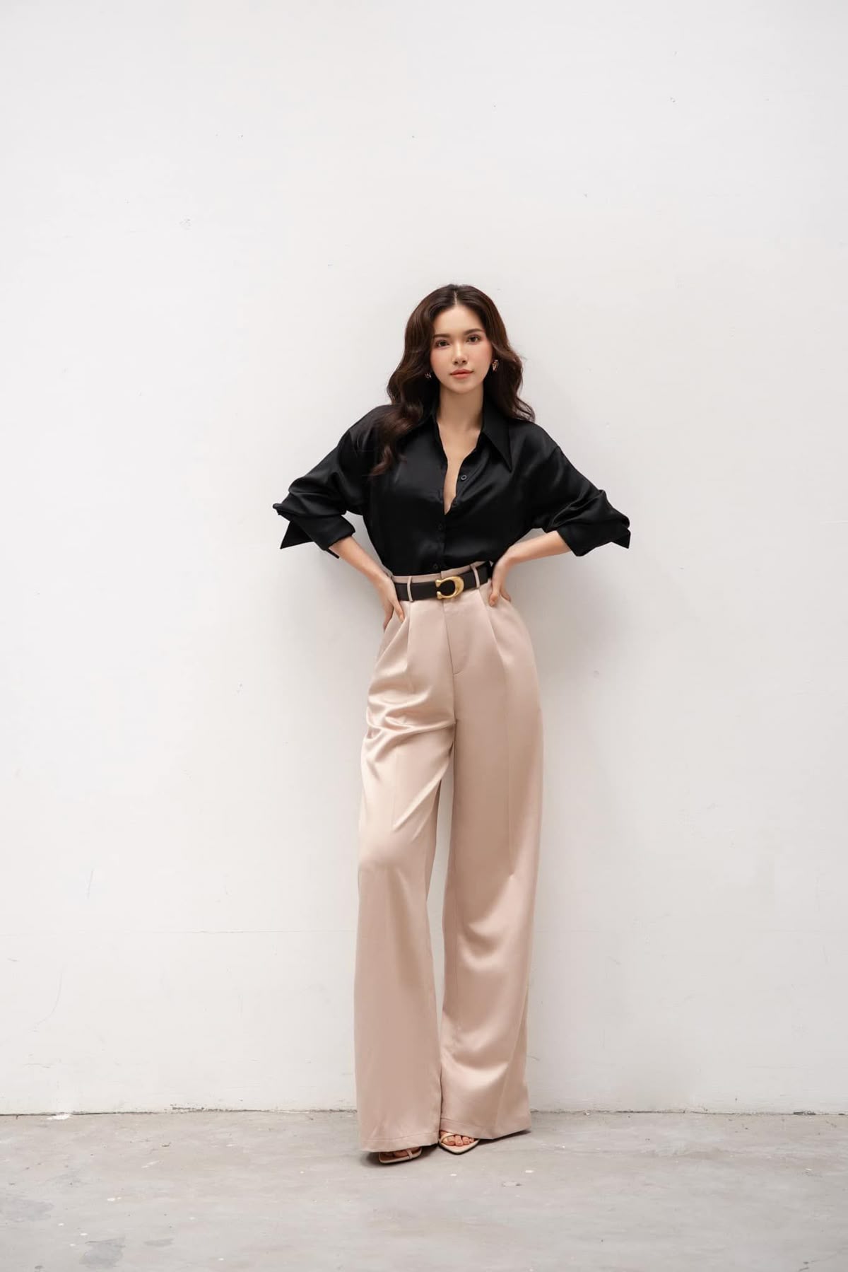formal outfits_Pleated Maxi Silk Pants with Pockets Side - High Waist Silk Pants - Wide Leg Silk Pants - Women Silk Trousers - Women Silk Clothing