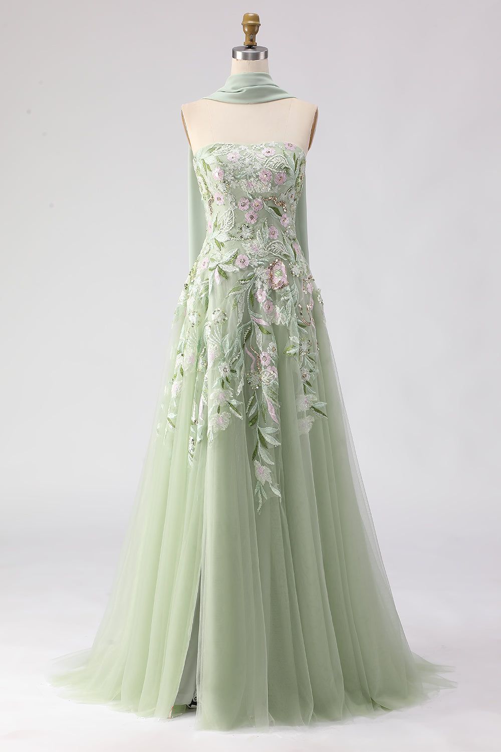 formal dresses_Floral Dusty Sage Tulle A Line Neck Scarf Long Prom Dress with Slit - Dusty Sage / US16W