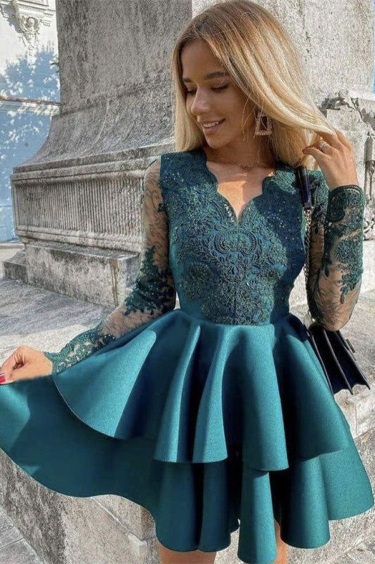 formal dresses_Short Prom Dress with Appliques Long Sleeves