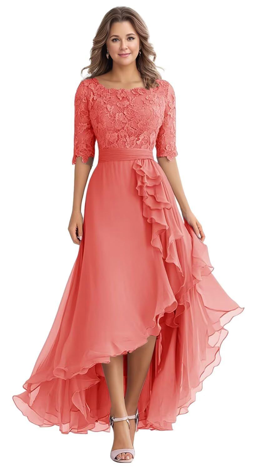 formal dresses_Mother of The Bride Dresses for Wedding Guest Tea Length Lace Applique Chiffon Half Sleeve Formal Evening Gowns 996