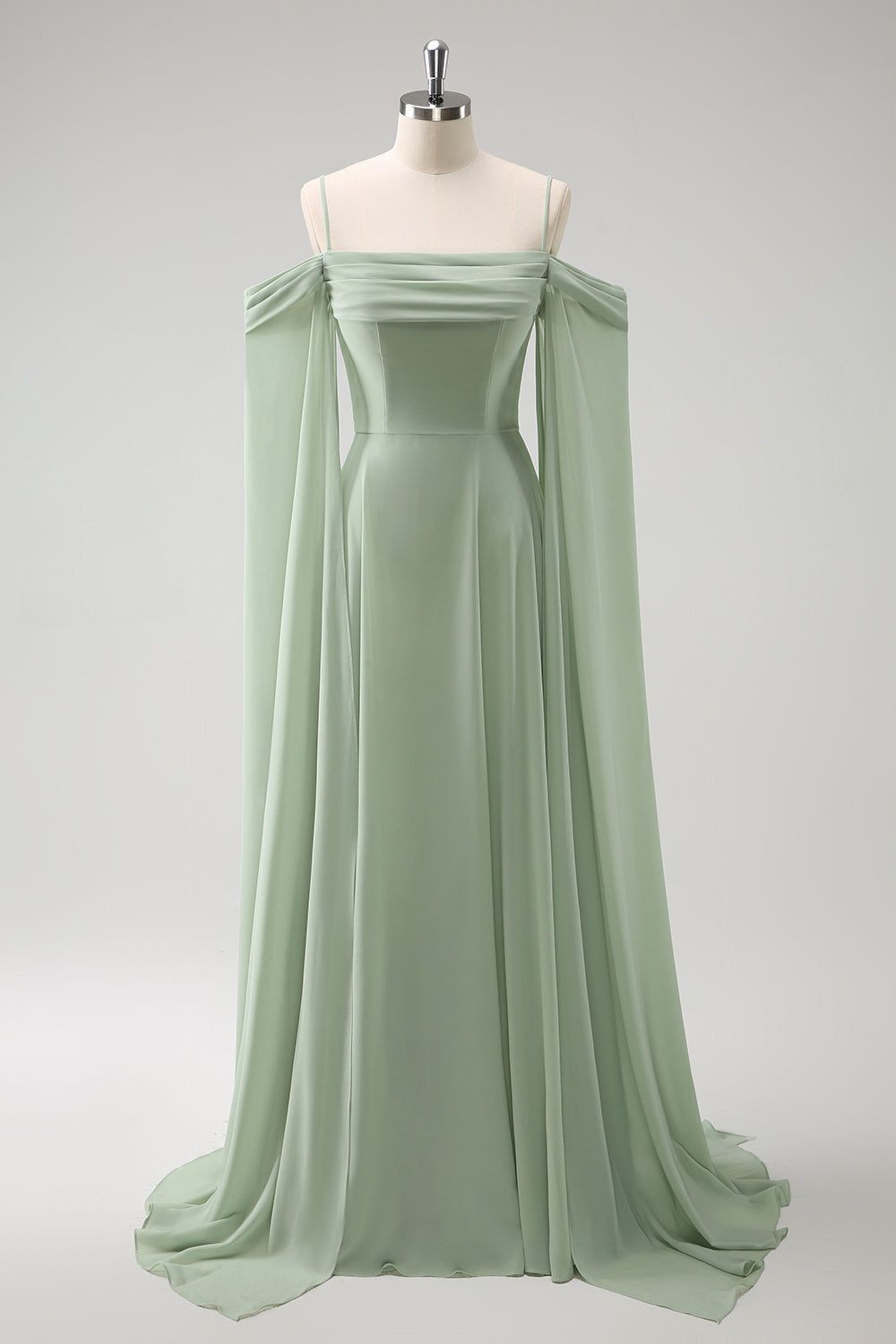 elegant dresses_Light Green Cold Shoulder Detachable Sleeves A-Line Chiffon Long Bridesmaid Dress