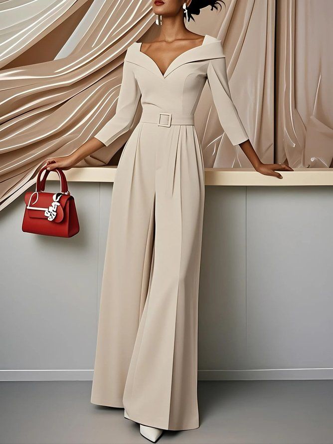 elegant outfits_Women Beige Sweetheart Neckline Three Quarter Sleeve Dressy Jumpsuit