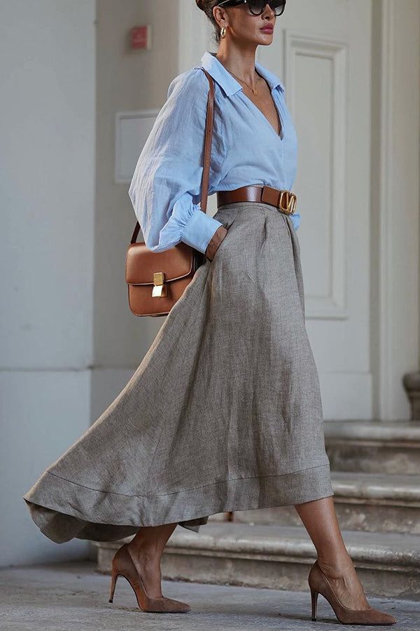 elegant outfits_Caught A Vibe Linen Blend Back Elastic Waist Pocketed High Low Maxi Skirt