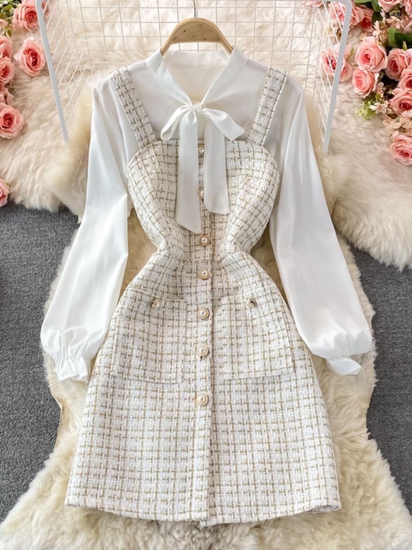 elegant outfits_Zingj Women Two Piece Set 2023 Korean Fashion Bowtied Collar White Blouse And Spaghetti Strap Single Breasted Mini Tweed Dress Suits Picture Color 1-L