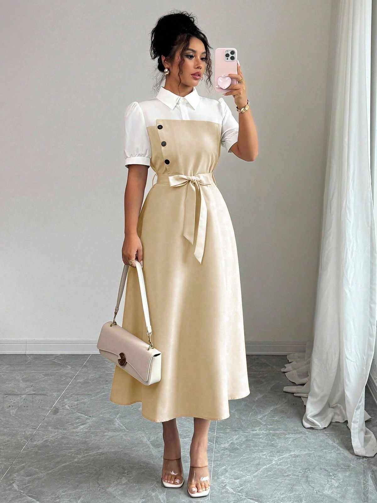 elegant outfits_Elegant Romantic Vacation & Office Commute Colorblock Shirt Collar Midi Dress For Women