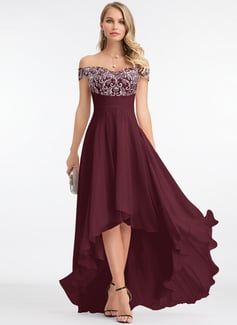 formal dresses_[US$ 149] A-line Off the Shoulder Asymmetrical Lace Chiffon Evening Dress With Pleated  - JJ's House