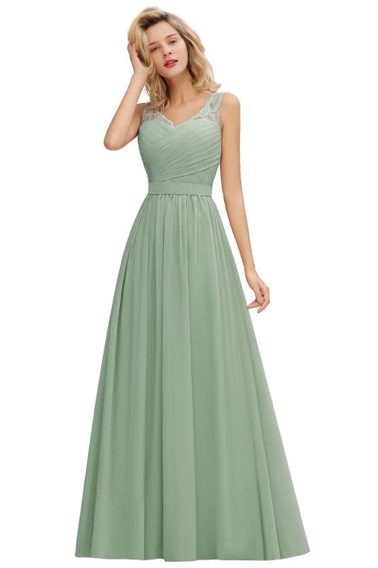 formal dresses_Modest Floral Lace A-line Bridesmaid Dress V-Neck Floor Length Ruched Chiffon Wedding Guest Dress - Dusty Sage / US 12