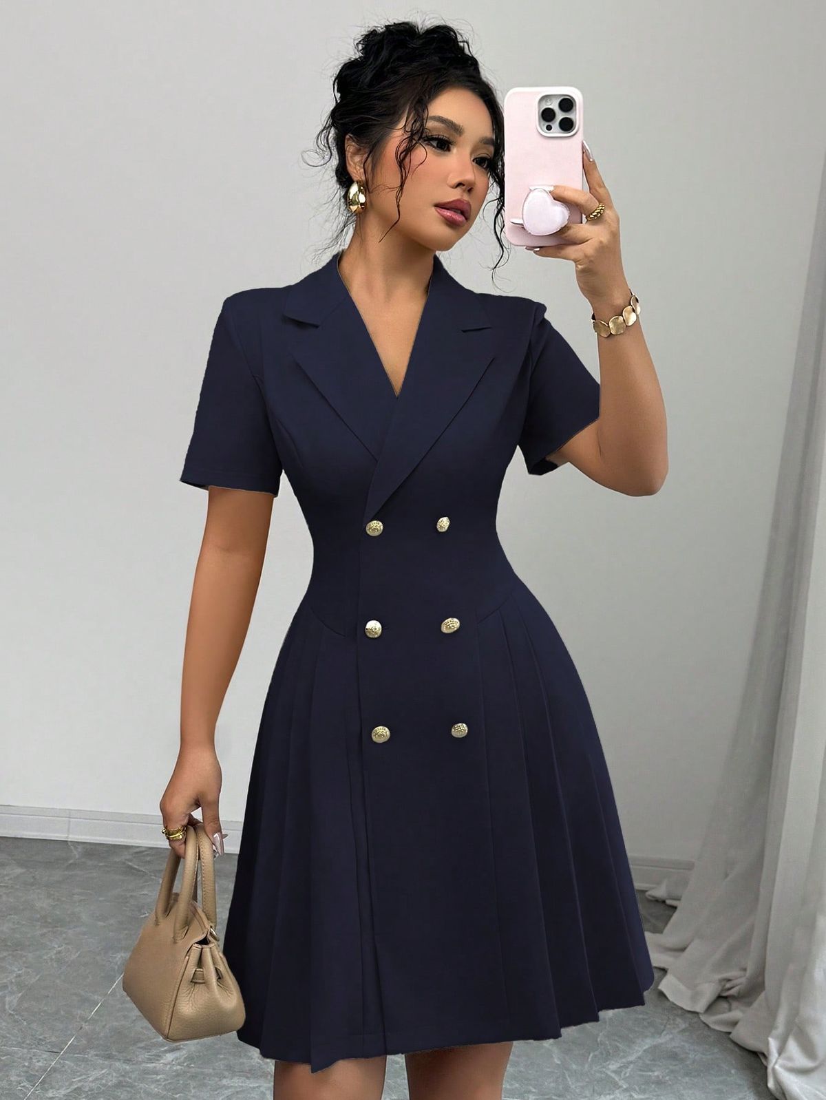 elegant outfits_Women's Spring/Summer Elegant French Style V-Neck Double-Breasted Waist Cinching A-Line Short Sleeve Mini Dress