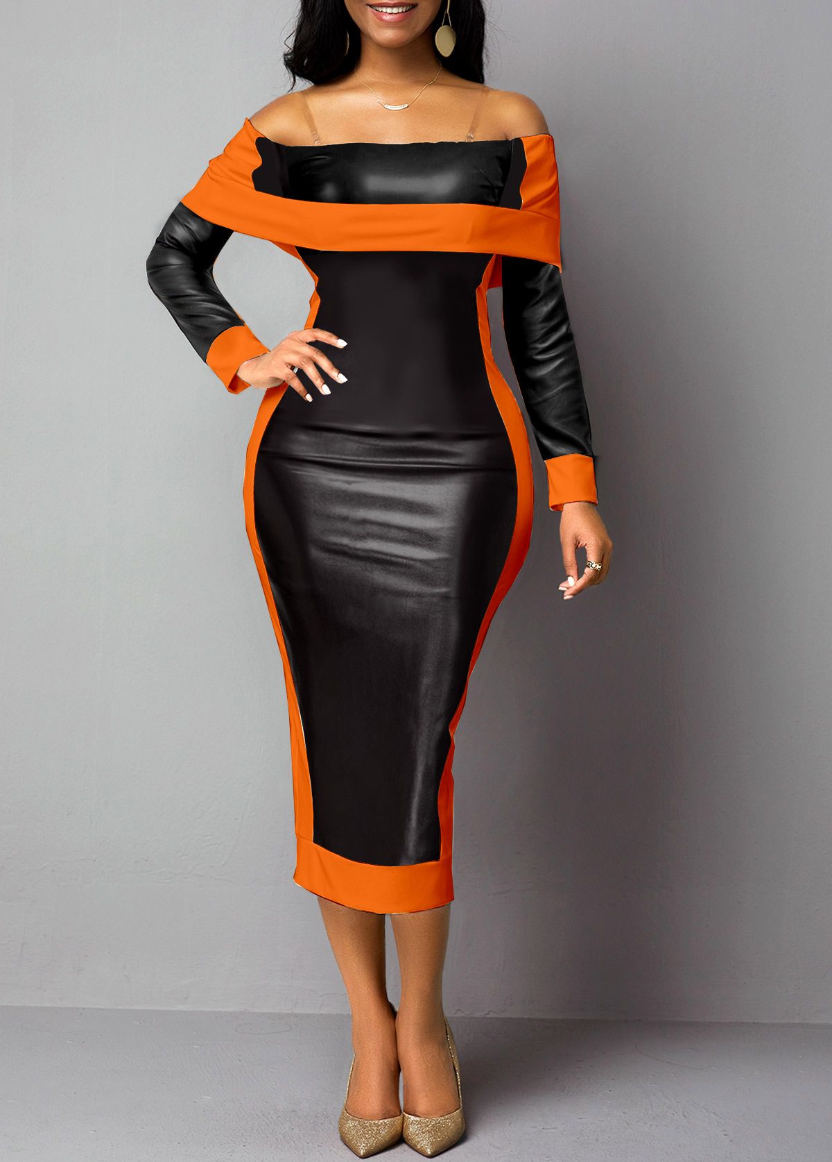 elegant outfits_Faux Leather Orange Off Shoulder Bodycon Dress