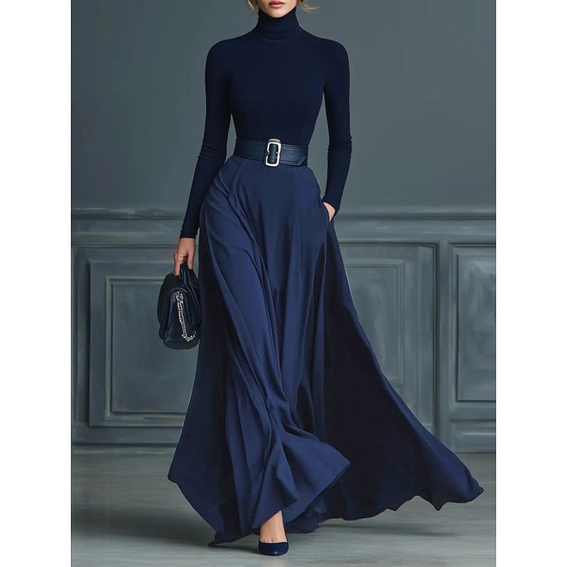 elegant outfits_Women's Maxi Dress Sheath Dress Birthday Casual Formal Party Office Daily Regular Fit Plain Long Sleeve Turtleneck Navy
