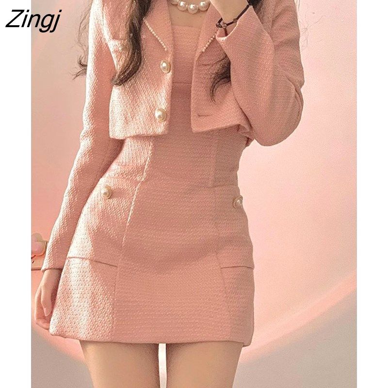 elegant outfits_Zingj Autumn Pink Elegant Two Piece Set Women Korean Style Balzer Coat+Strap Mini Dress Set Female Solid Casual Slim Designer Set Pink-XL