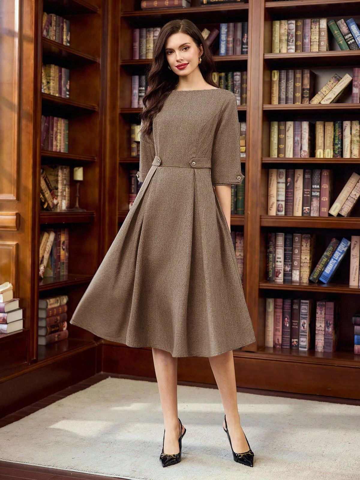 elegant outfits_Vintage Classic Elegant Women's Dress, Fitted Boat Neck 3/4 Sleeve Dress With Waist Strap And Button, Navy Blue Dress Autumn Clothes Vestidos Elegantes Feminino Formal Dresses For Women Vestido Marrom Brown Dress Business Casual Woman