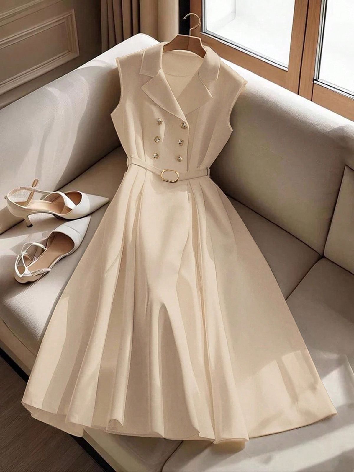 elegant outfits_Women's Mid Length Solid Color Business Dress With Lapel Collar, Metal Decoration, Sleeveless And Belt Design, Elegant Office Wear