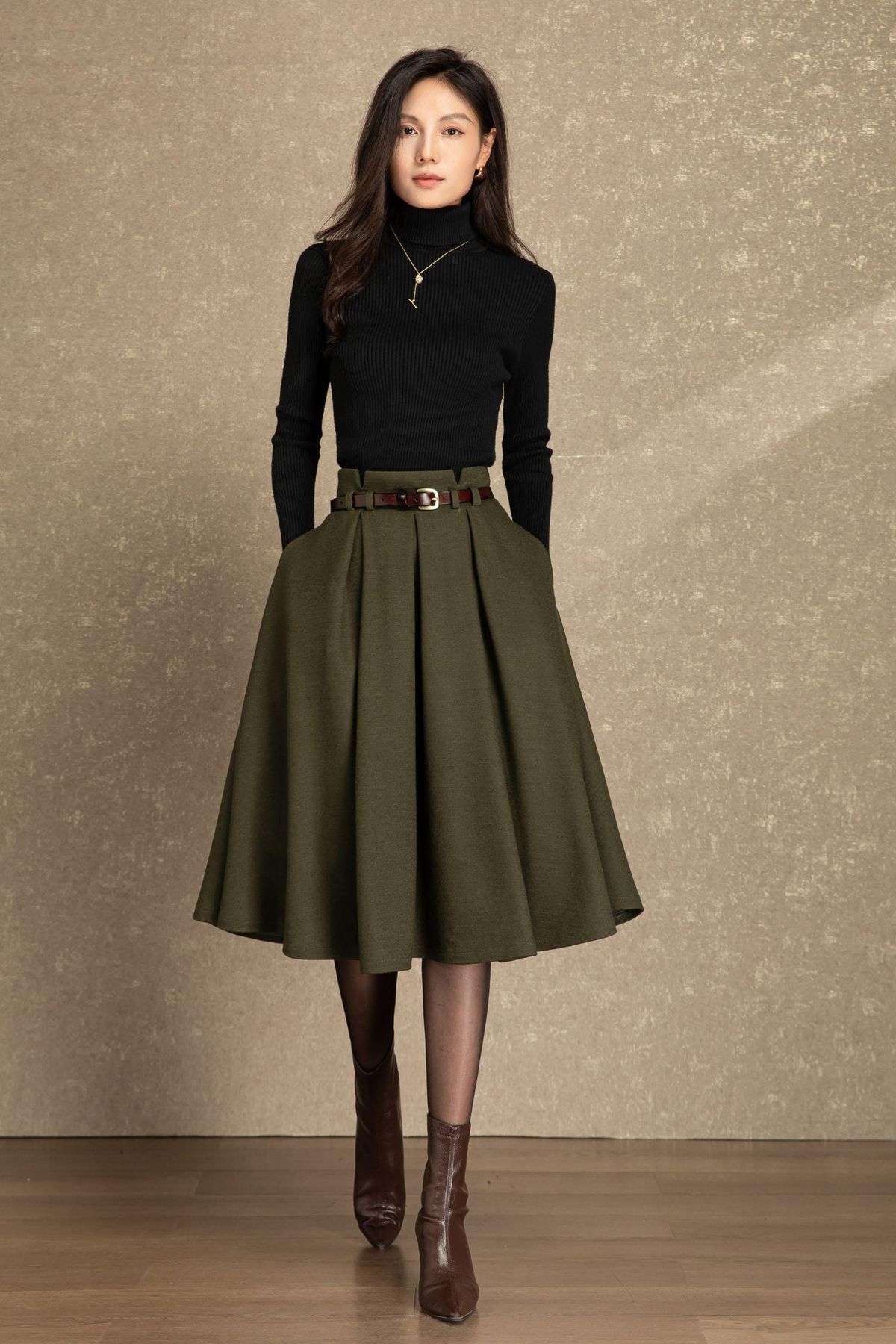 elegant outfits_Wool skirt, Midi wool skirt womens, Winter wool skirt, Swing skirt, High waist skirt, Skirt with pockets, Custom skirt, Ylistyle C4486