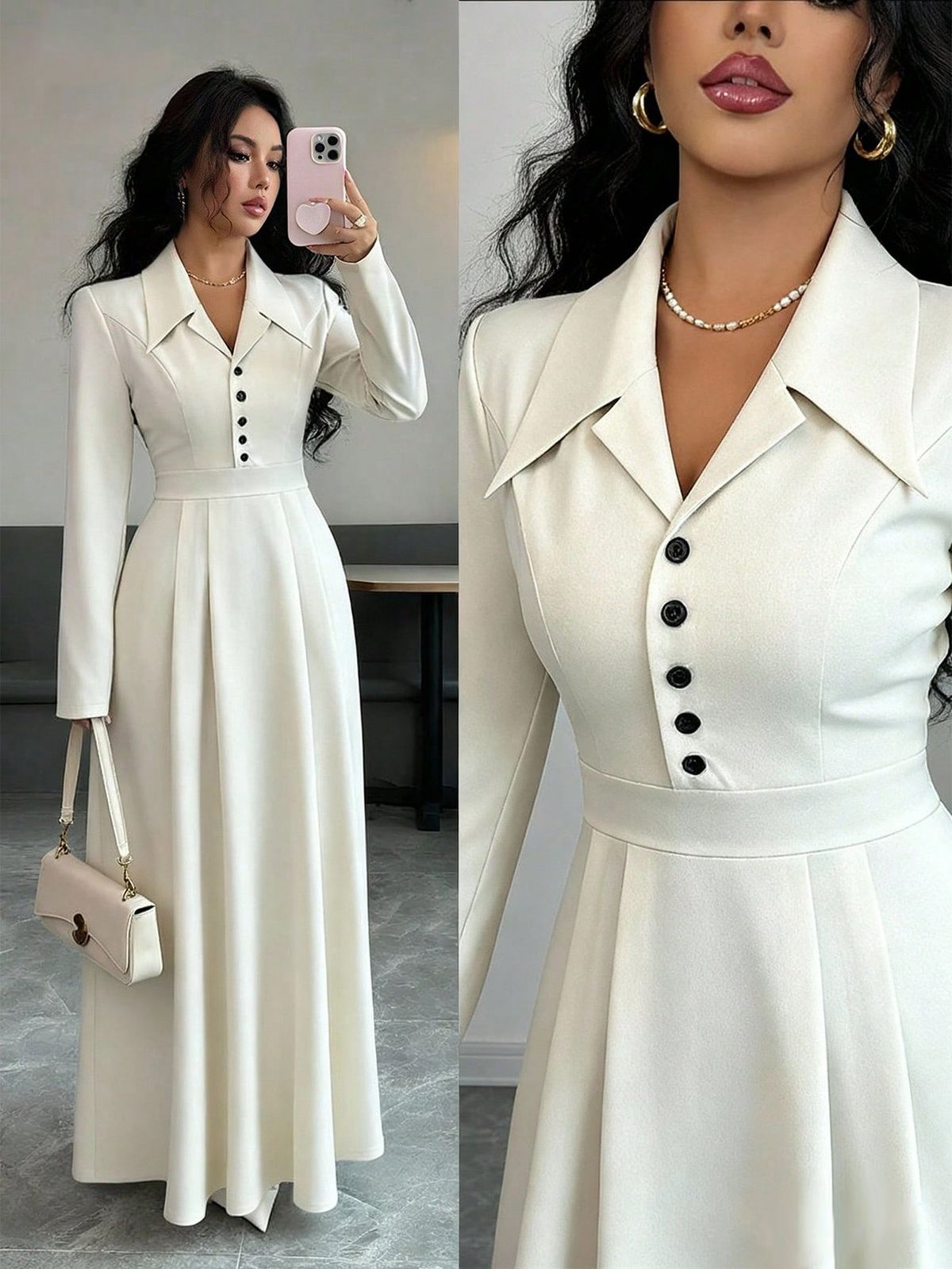 elegant outfits_Women's Blazer Collar Cinched Waist A-Line Elegant Everyday Commute Fashion French Street Vintage Versatile Christmas Party New Year Holiday Business Beige Long Sleeve Dress, Autumn/Winter
