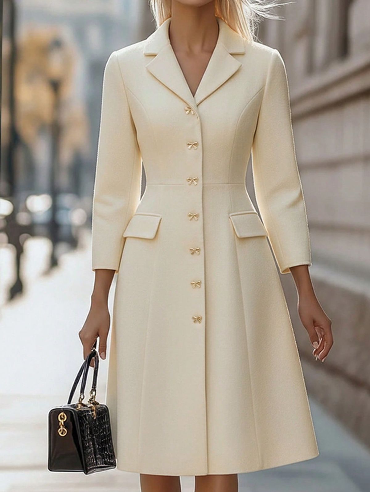 elegant outfits_Women's Elegant White Pocket Mandarin Collar Button Decor Mid-Length Formal Business Dress Fall Cloth For Women