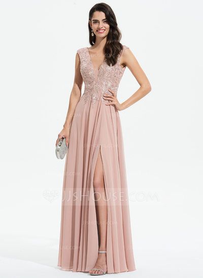 formal dresses_[€ 125] A-Linien-Kleid V-Ausschnitt Bodenlang Chiffon Abendkleid  - JJ's House