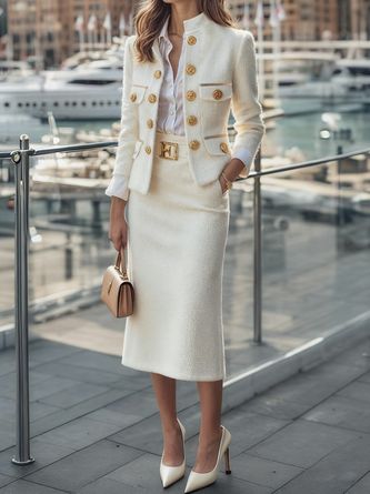 elegant outfits_Stylewe Women Elegant Blazers H-Line Natural Regular Fit Stand Collar Plain Long Sleeve Autumn For Together