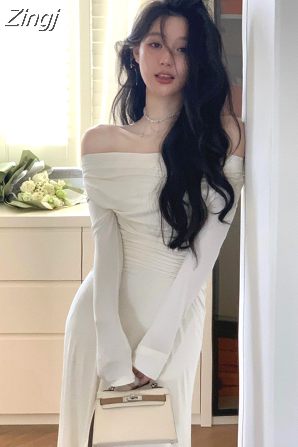 elegant outfits_Zingj Elegant Long Sleeve Off Shoulder Evening Bodycon Dress for Women Clothing Sexy Party Lady Fashion Autumn Winter 2023 New Creamy-white-S
