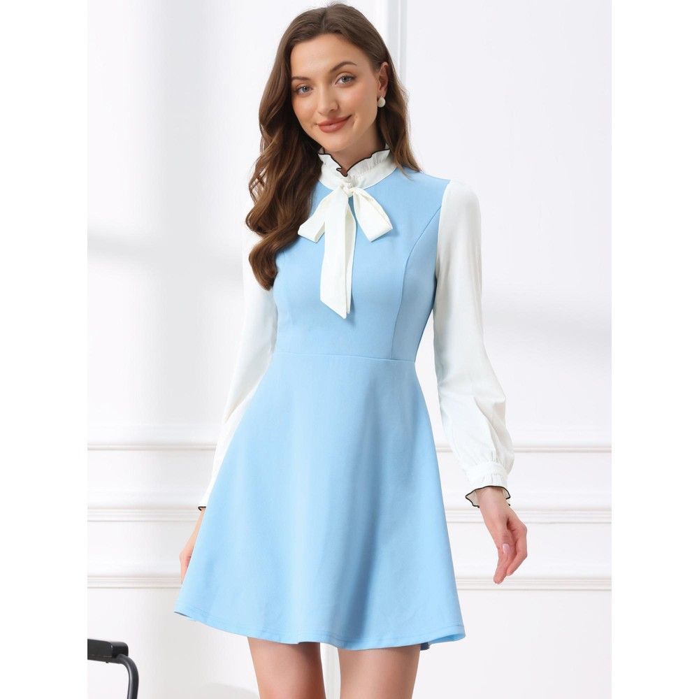 elegant outfits_INSPIRE CHIC Women's Elegant Contrast Ruffle Stand Collar Bow Tie Puff Sleeve Office Dress Medium Light Blue