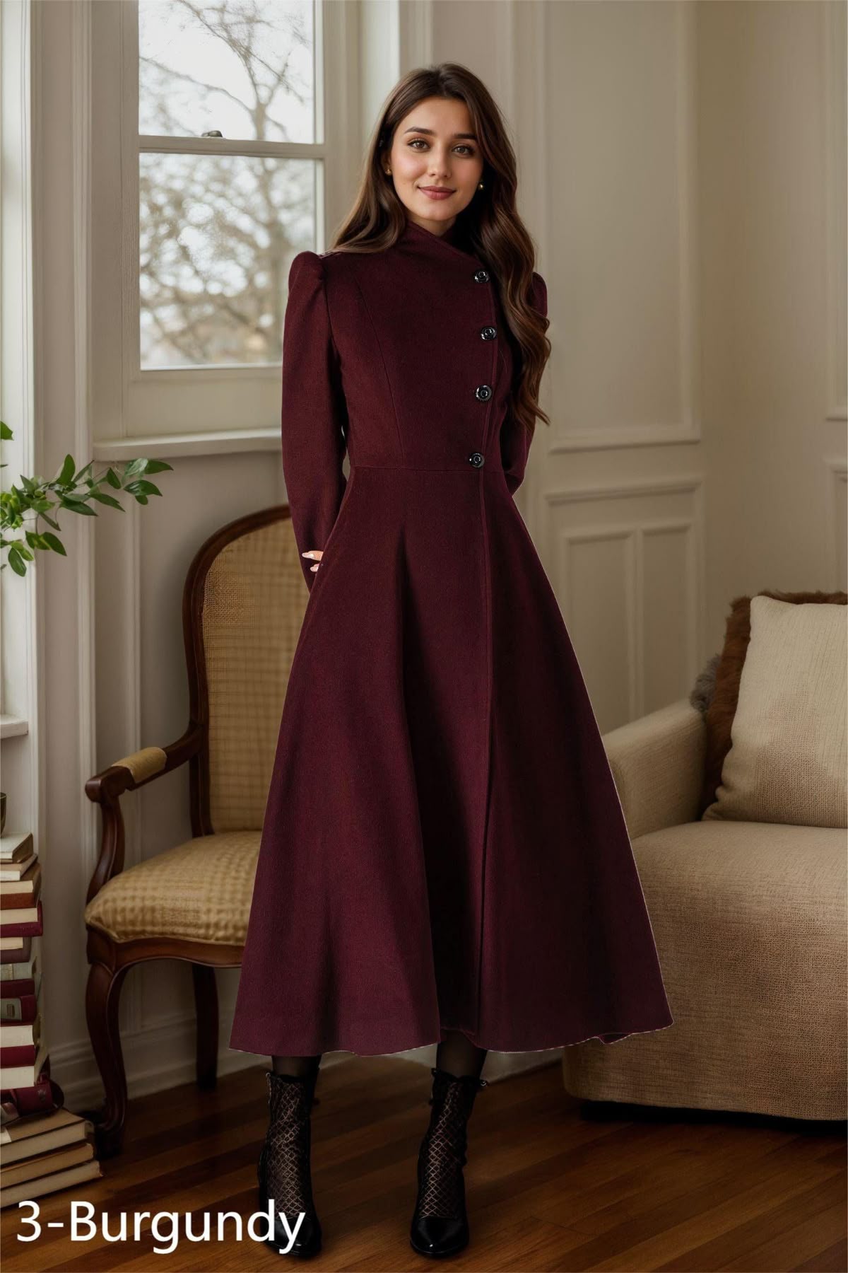 elegant outfits_Long Burgundy Wool Coat, Winter Coat women, Womens Coat, A Line wool coat, Swing coat, Midi Coat, Overcoat, Handmade Coat, Xiaolizi 4027