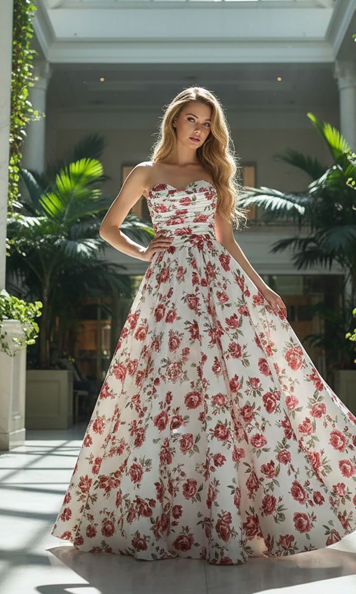 formal dresses_Strapless Print Prom Gown: Amelia Couture 8070 - White / 0