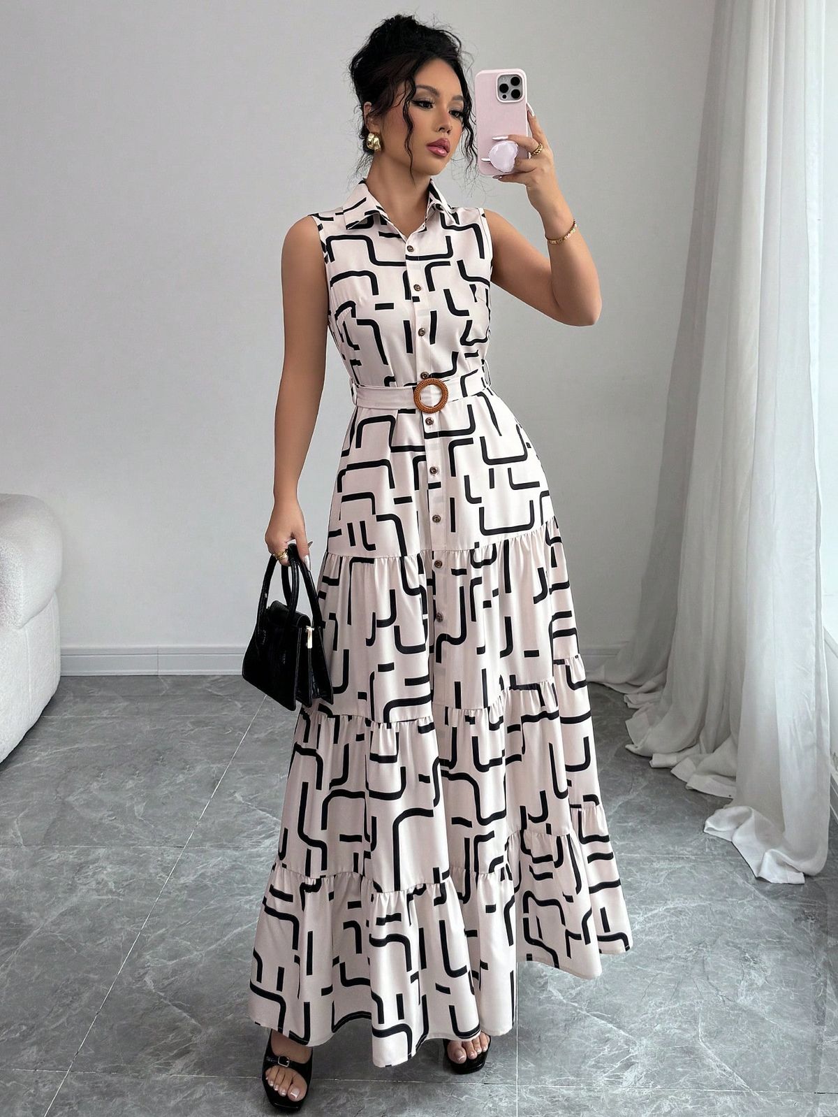 elegant outfits_New V-Neck Graphic Print Button Sleeveless Tie Cinched Waist Women Dress