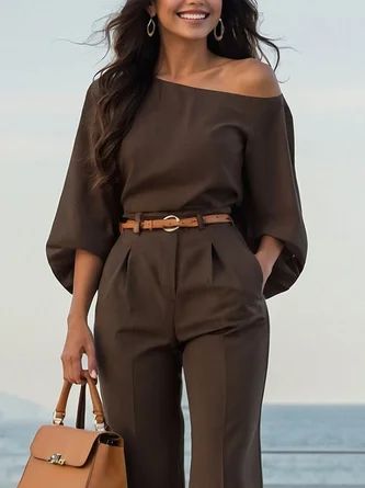 elegant outfits_Women Urban Blouses Balloon Sleeve One Shoulder Loose Three Quarter Sleeve Plain Spring/Fall for Commuting
