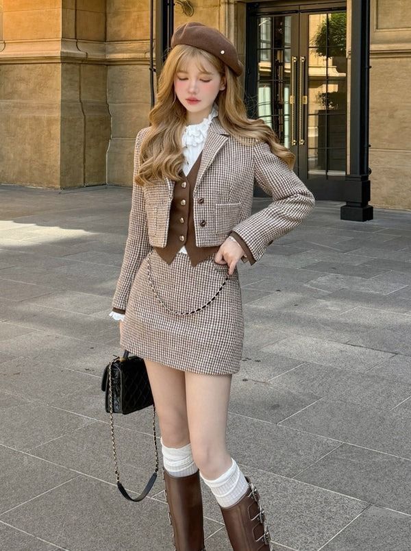elegant outfits_Chidori lattice retro brown wool jacket + best + skirt