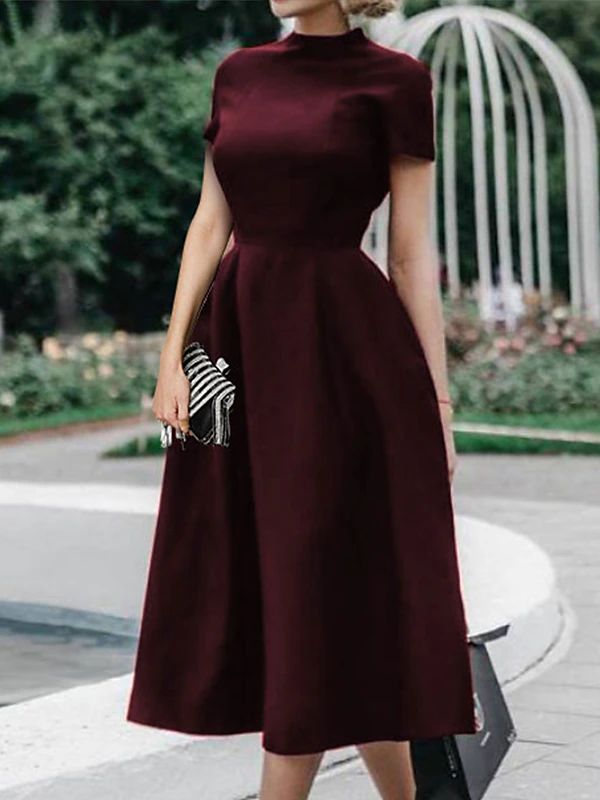elegant outfits_A-Line Cocktail Dresses Elegant Dress Valentine's Day Wedding Guest Ankle Length Short Sleeve High Neck Stretch Fabric with Pleats 2024 2025 - $82.99