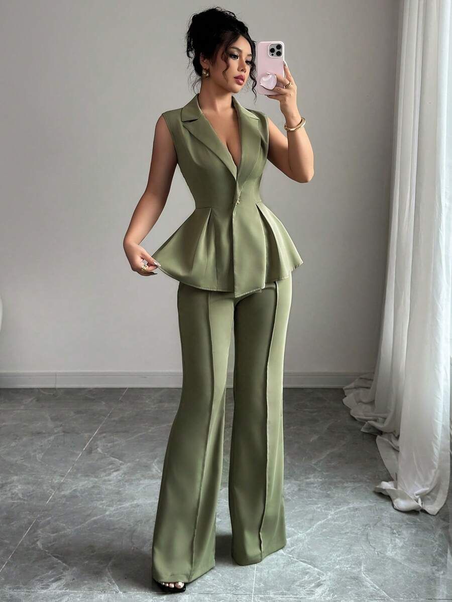 elegant outfits_Elenzga Sleeveless Blazer Suit Set, Elegant Romantic Women's Slim Waist Business Suit