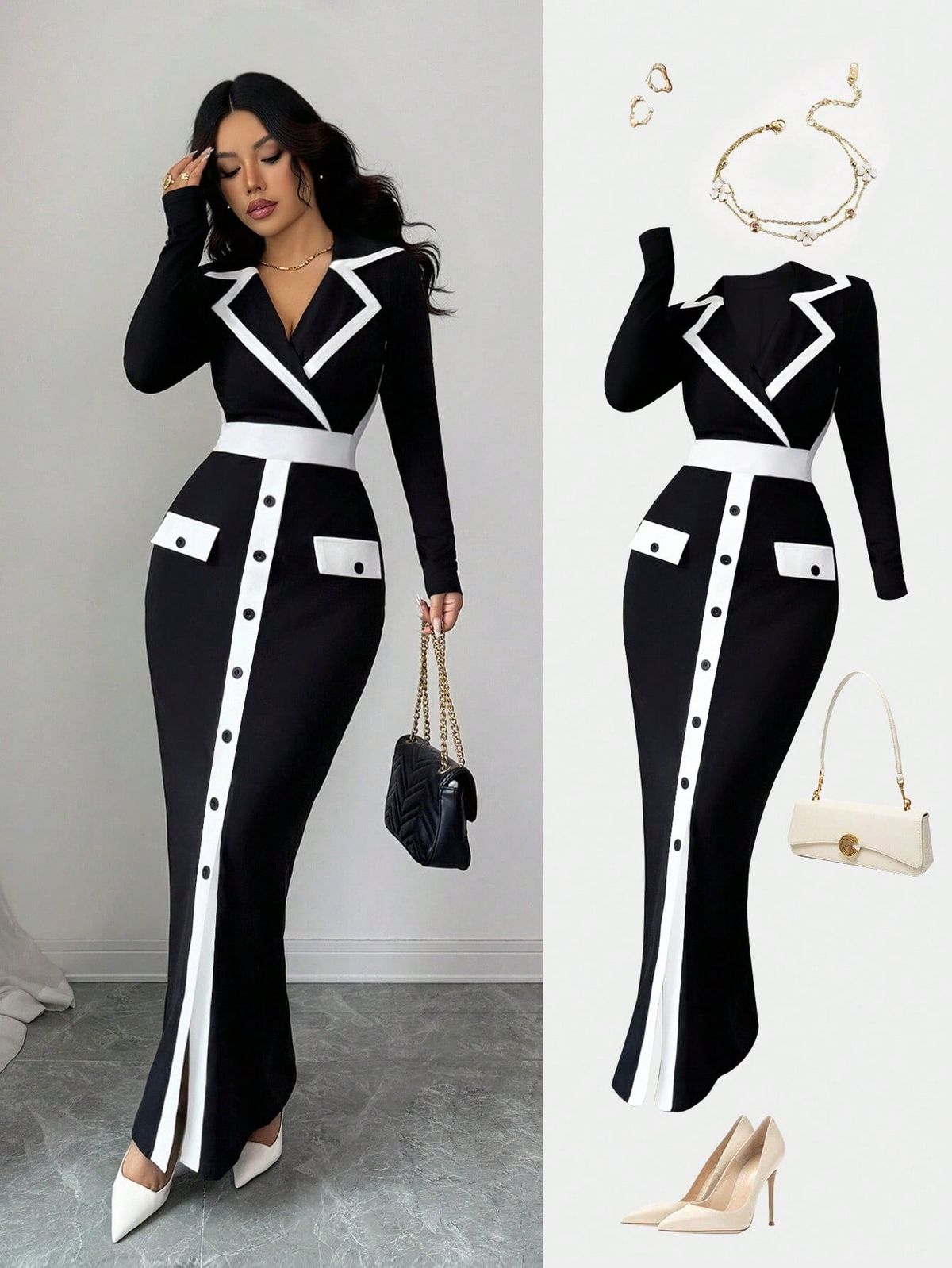 elegant outfits_Women's Elegant Casual Knit Fitted Waist Long Sleeve Color Block Button Decorated Dress, Suitable For Halloween, Christmas, New Year, Thanksgiving, Party, Date, Graduation, White/Black