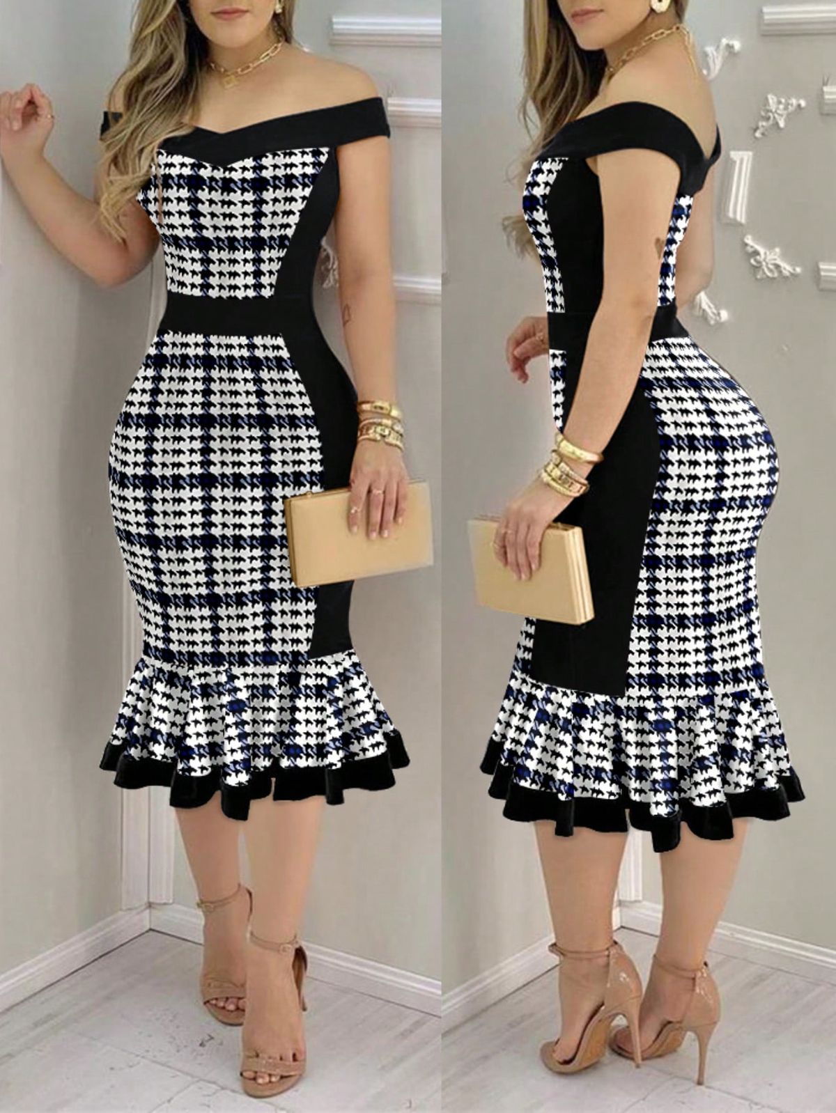 elegant outfits_Houndstooth Print Off Shoulder Bodycon Dress Ruffle Hem Vintage Slim Fit Midi Dress